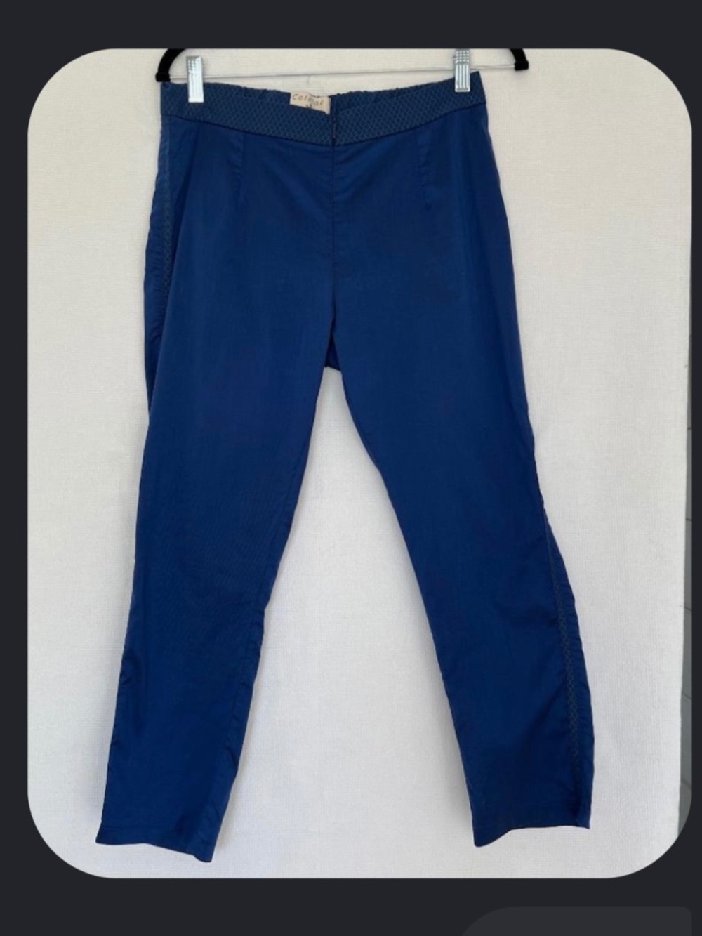 Cotélac France High Rise Crop Tapered Pants Navy Blue Lattice Trim M